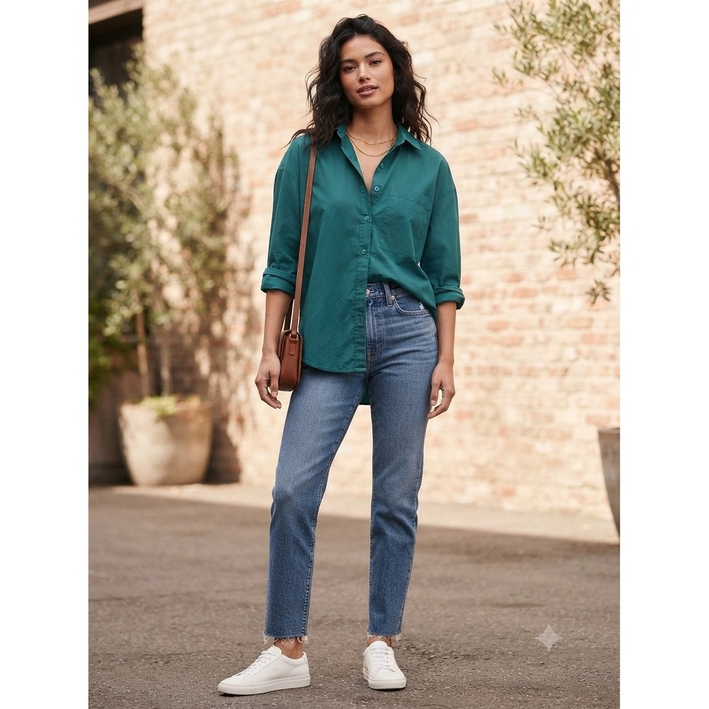 Abercrombie & Fitch Button Up Women XS Green Poplin Shirt Casual Long Sleeve New